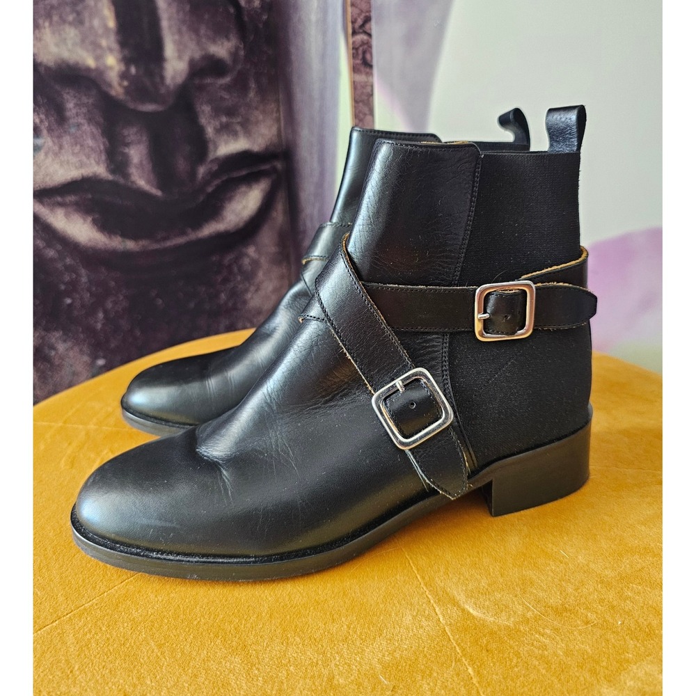10022 Shoe Black Leather Buckle Strap Ankle Boots Made in Italy Size 36.5 JT01
